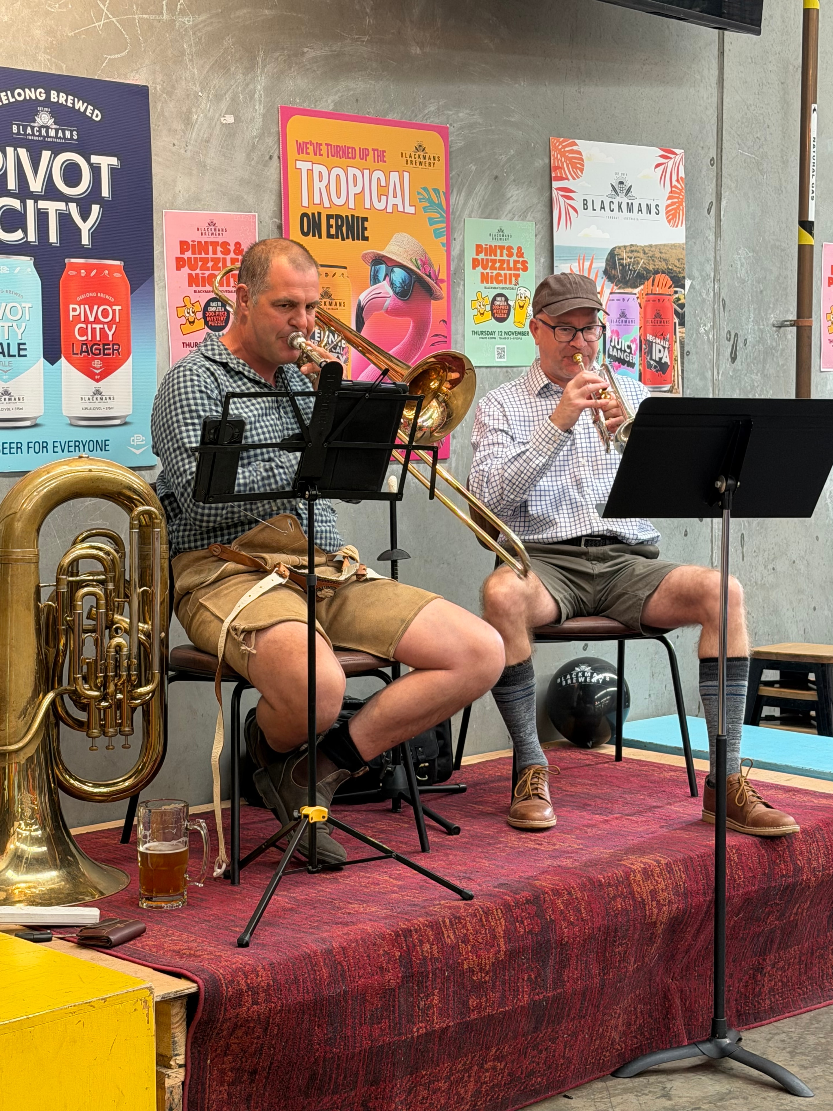 Geelong Brass musicians playing trombone and euphonium at Blackmans Brewery