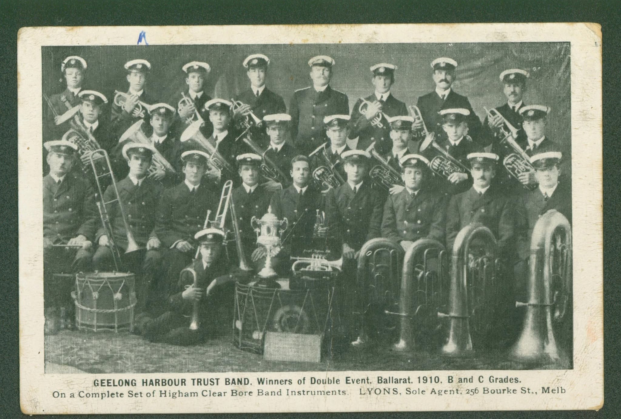 Formal group portrait of the Geelong Harbour Trust Band, 1910, winners of the Double Event at Ballarat