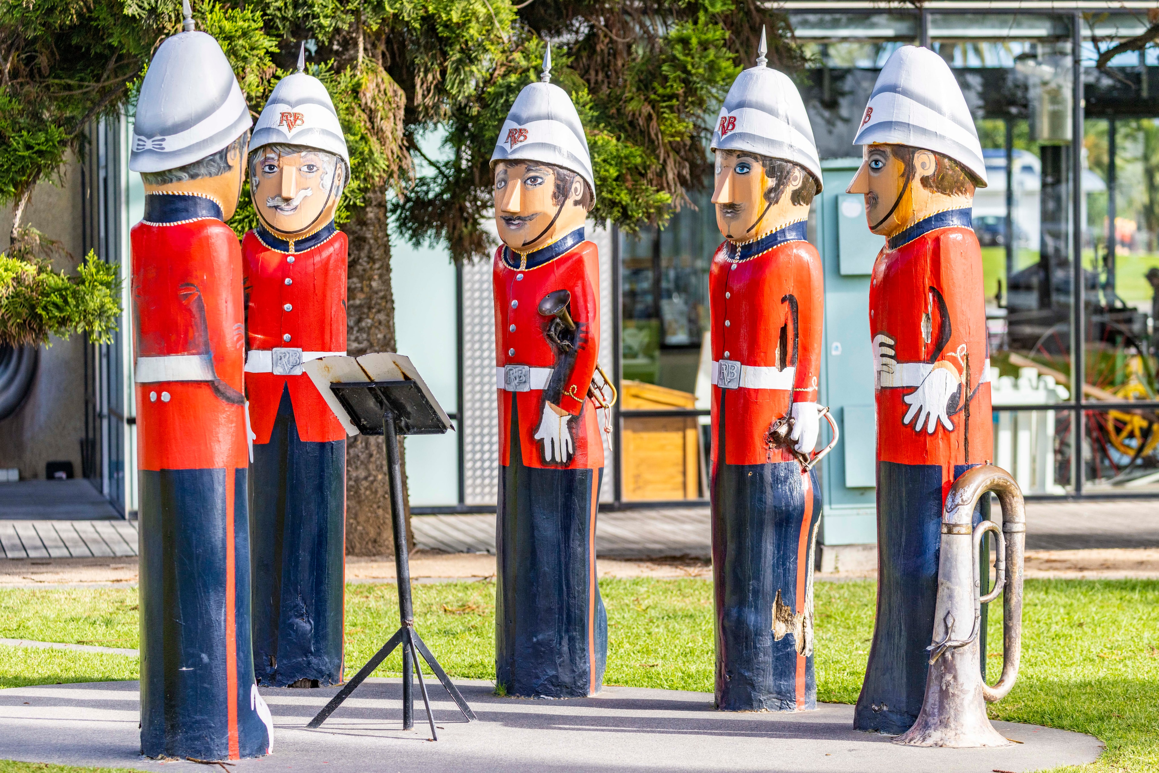 Colourful painted wooden bandsman sculptures from the Volunteer Rifle Band on Geelong's waterfront