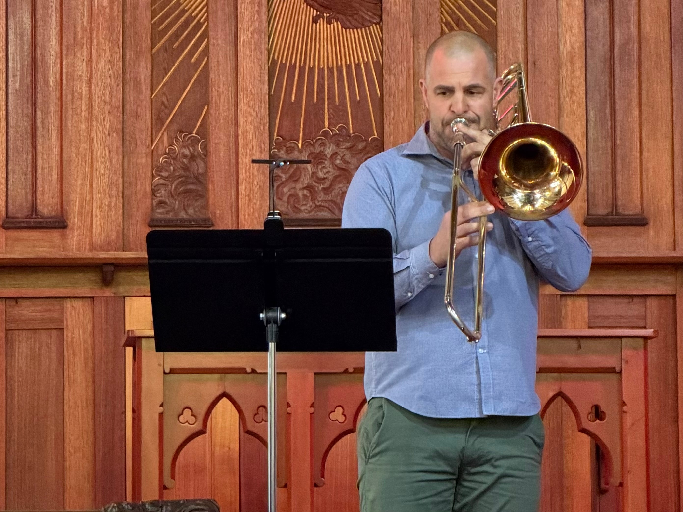 Stewart Armitage performing on trombone at All Saints Anglican Church, 6 September 2026